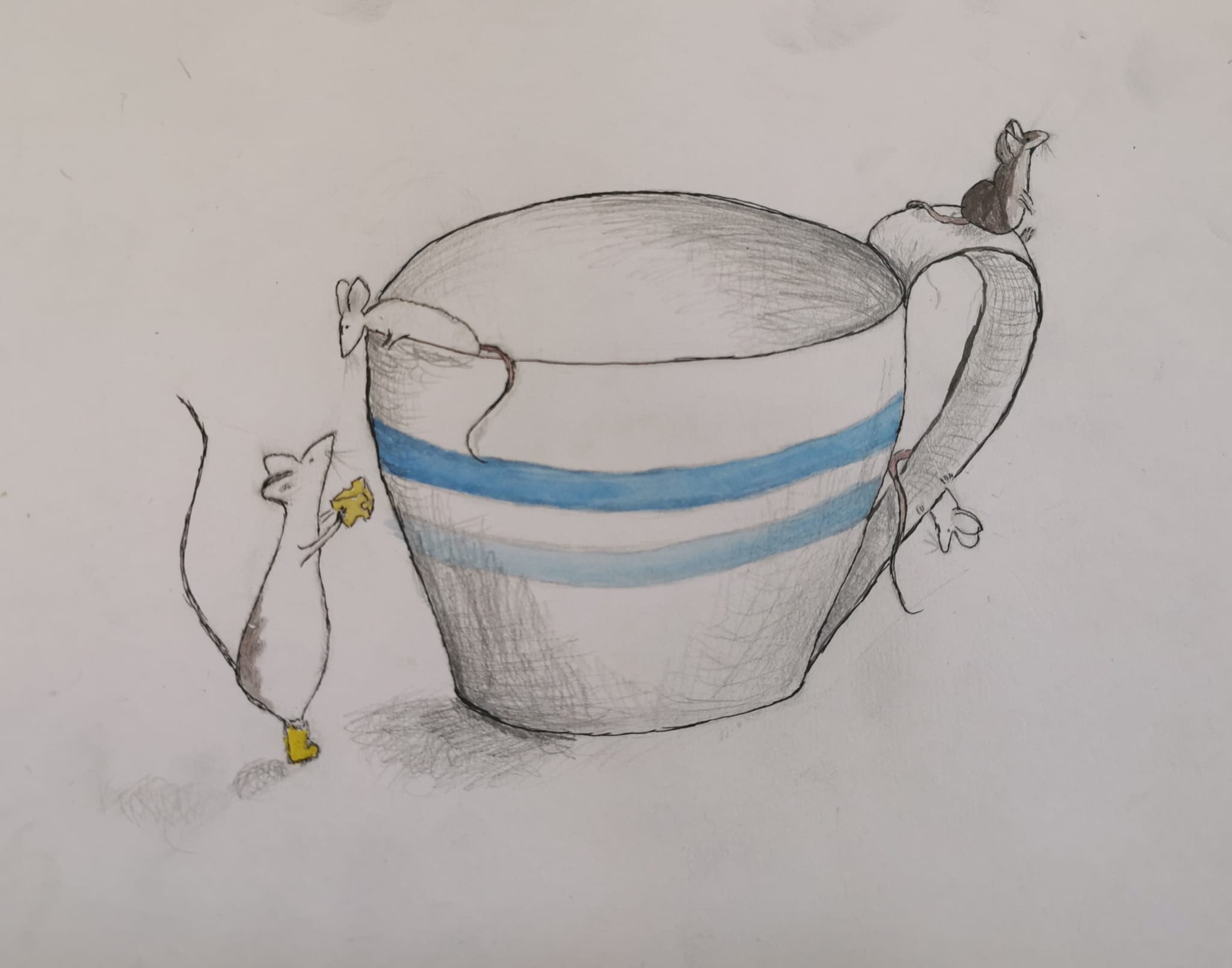 Three small mice playing with a cup